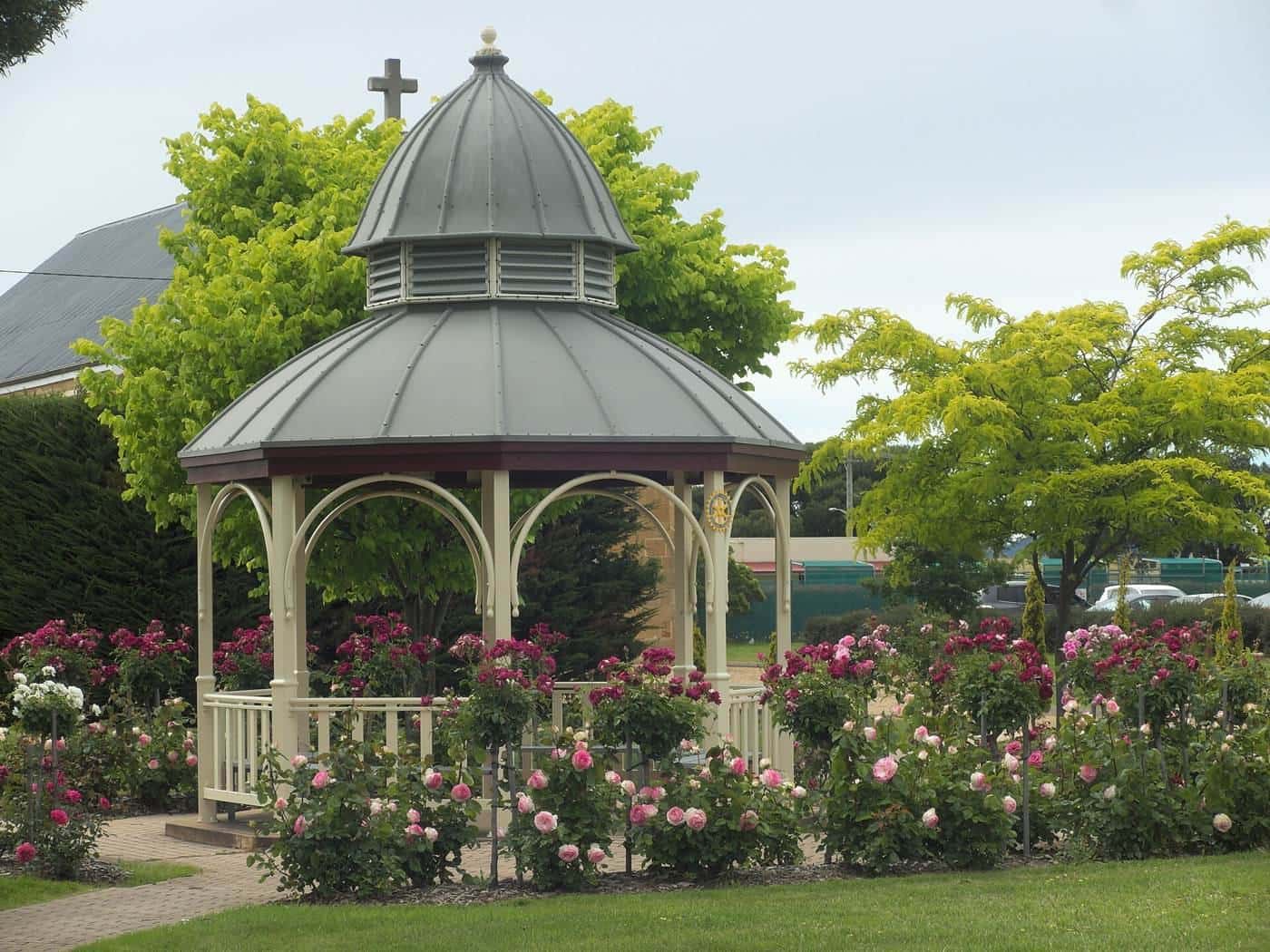 A town square in Sorell, Tasmania, with lawn and trees
