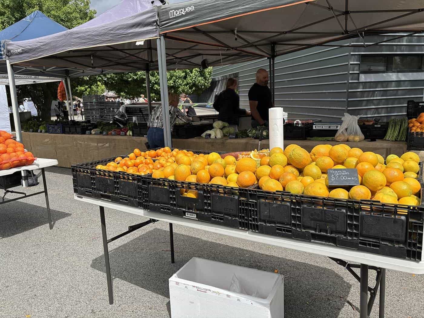 A fruit and vegetable stall under a pop-up gazebo at the Southside Farmers Market